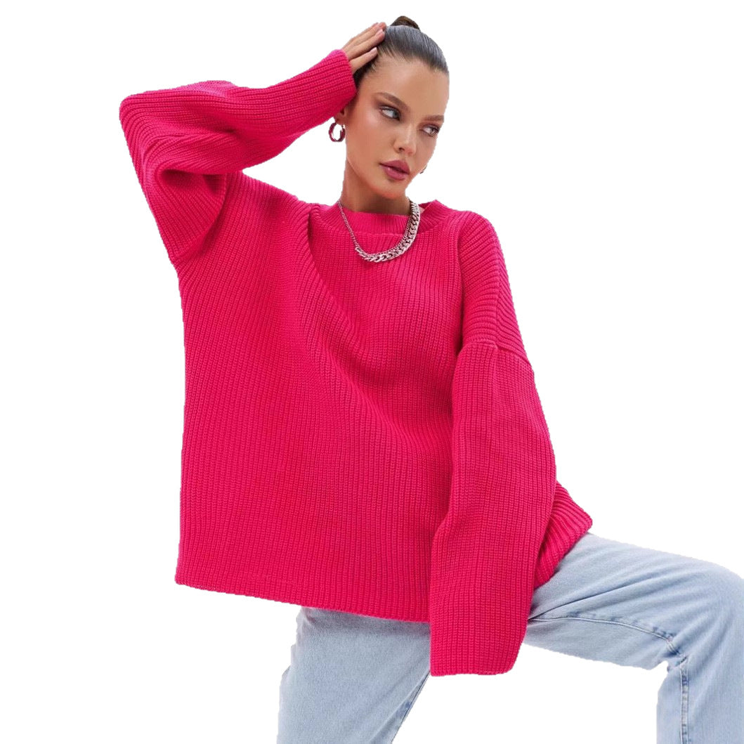 Pull oversize Douceur d'Hiver – Rose rouge, porté avec un jean